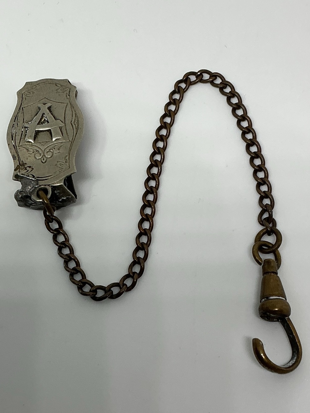 Antique Peerless Monogram “A” Watch Chain Fob Vest Clip Victorian Silver Tone